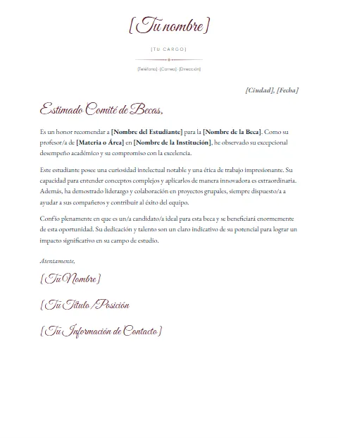 Carta de Recomendación para Beca: diseño Nombre en firma
