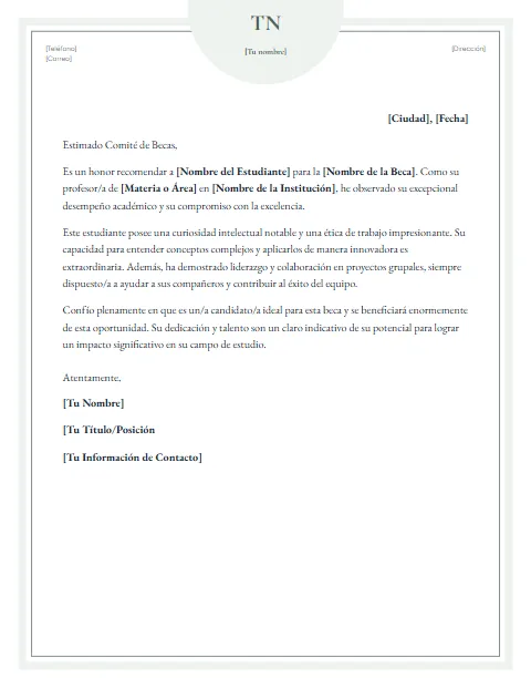Carta de Recomendación para Beca: diseño Marco con pestaña