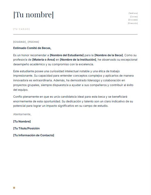 Carta de Recomendación para Beca: diseño Nombre grande