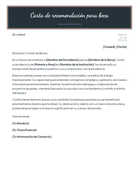 Carta de Recomendación para Beca: diseño Pizarra