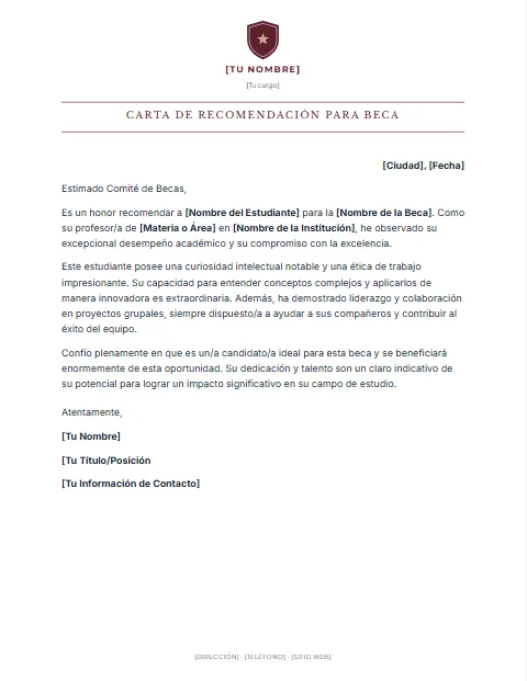 Carta de Recomendación para Beca: diseño Título en recuadro