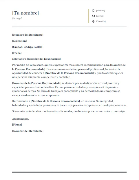 Formato de Carta de Recomendación: diseño Columnas