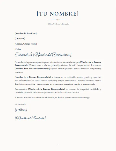 Formato de Carta de Recomendación: diseño Elegante