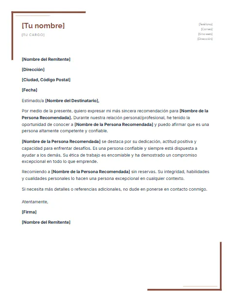 Formato de Carta de Recomendación: diseño Escuadras