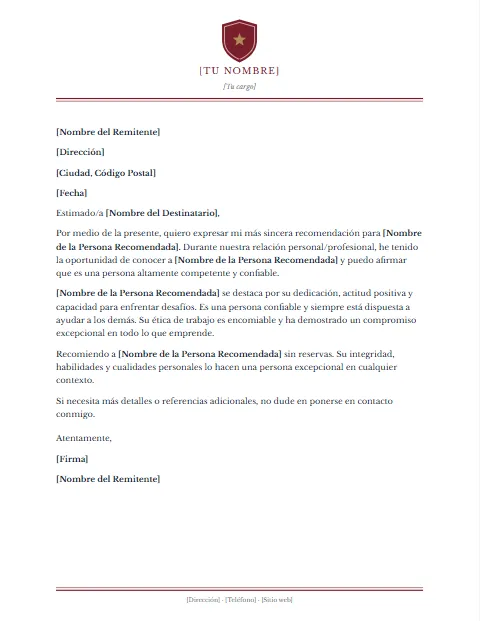 Formato de Carta de Recomendación: diseño Escudo central