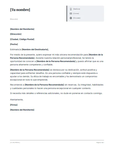Formato de Carta de Recomendación: diseño Ficha de datos