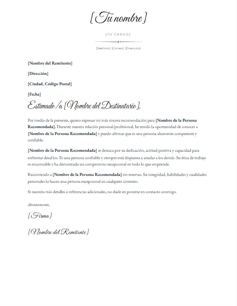 Formato de Carta de Recomendación: diseño Nombre en firma