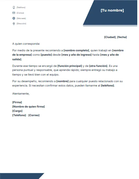 Carta de Recomendación Laboral: diseño Bloque con logo