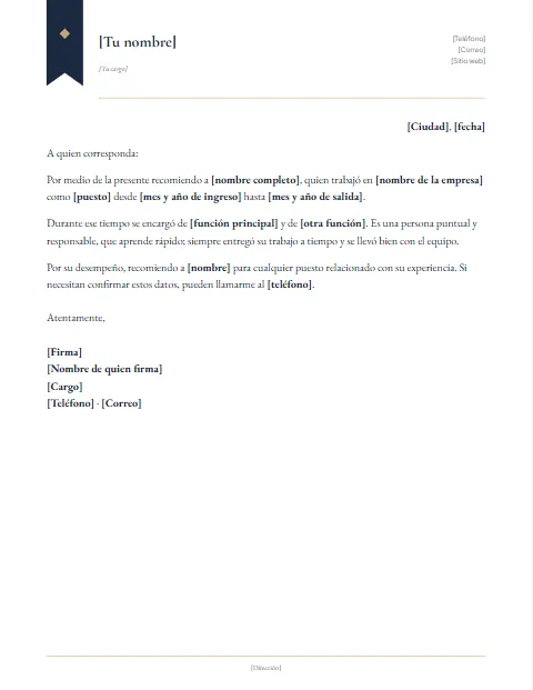 Carta de Recomendación Laboral: diseño Cinta marcador