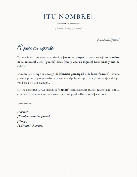 Carta de Recomendación Laboral: diseño Elegante