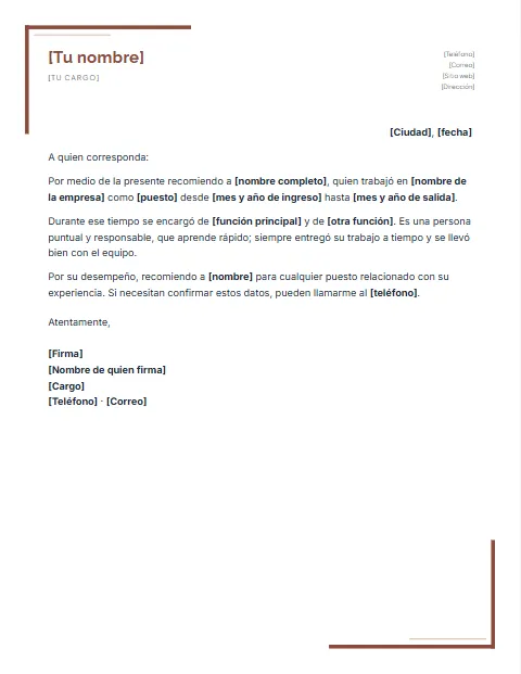 Formato de carta de recomendación laboral para descargar en Word