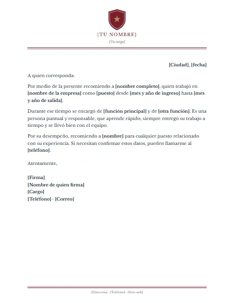 Carta de Recomendación Laboral: diseño Escudo central