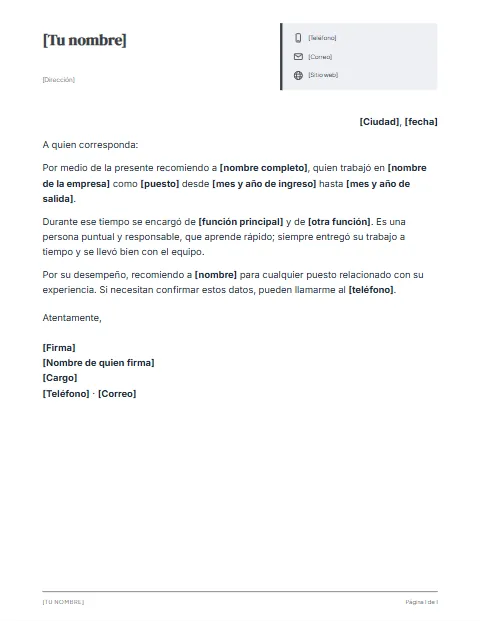 Carta de Recomendación Laboral: diseño Ficha de datos