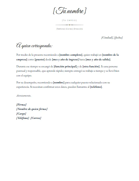 Carta de Recomendación Laboral: diseño Nombre en firma