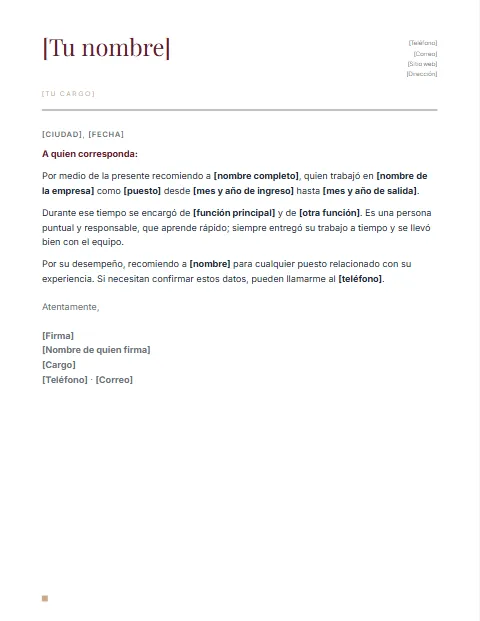 Carta de Recomendación Laboral: diseño Nombre grande