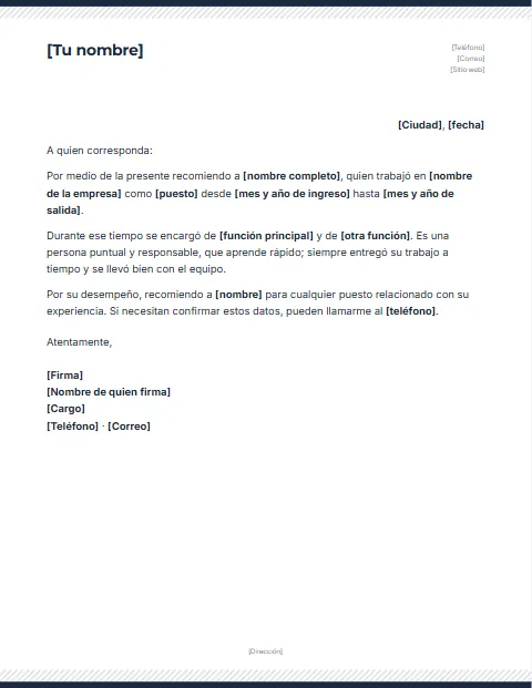 Carta de Recomendación Laboral: diseño Rayas