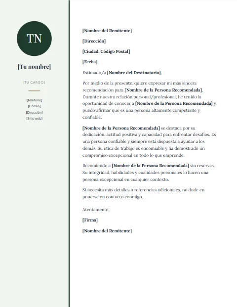 Formato de Carta de Recomendación: diseño Lateral