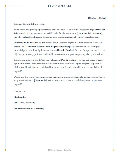 Formato de Carta de Recomendación para Migración para descargar en Word