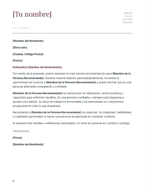Formato de Carta de Recomendación: diseño Nombre grande
