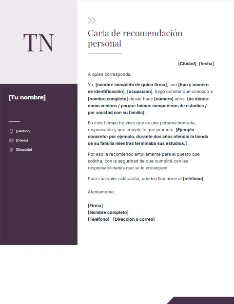 Carta de Recomendación Personal: diseño Columna con foto