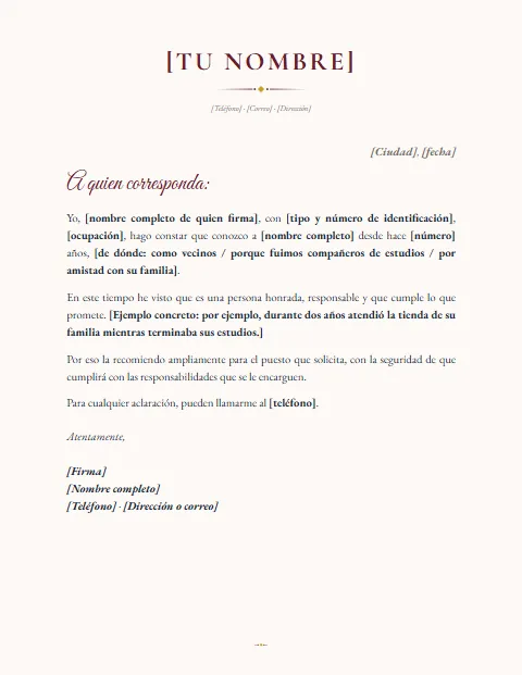 Carta de Recomendación Personal: diseño Elegante