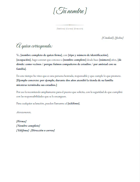 Carta de Recomendación Personal: diseño Nombre en firma