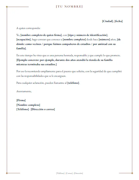 Carta de Recomendación Personal: diseño Marco fino