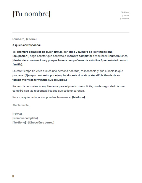 Carta de Recomendación Personal: diseño Nombre grande