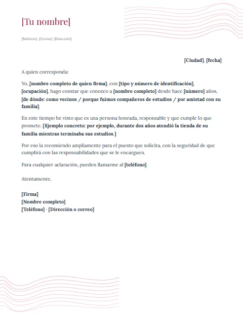 Carta de Recomendación Personal: diseño Ondas doradas