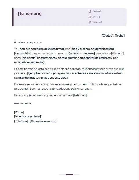 Carta de Recomendación Personal: diseño Tarjeta