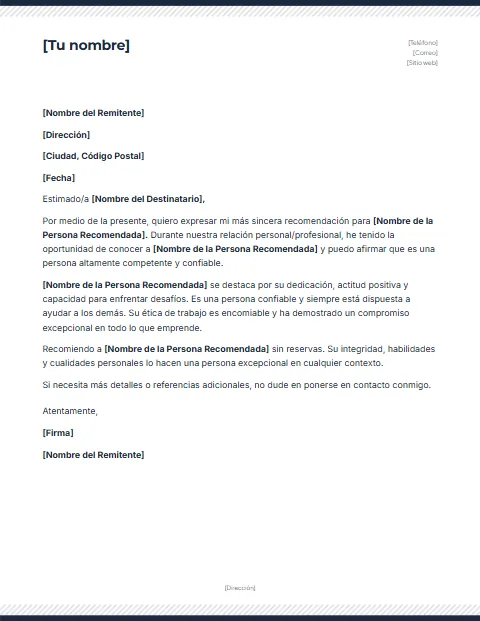 Formato de Carta de Recomendación: diseño Rayas