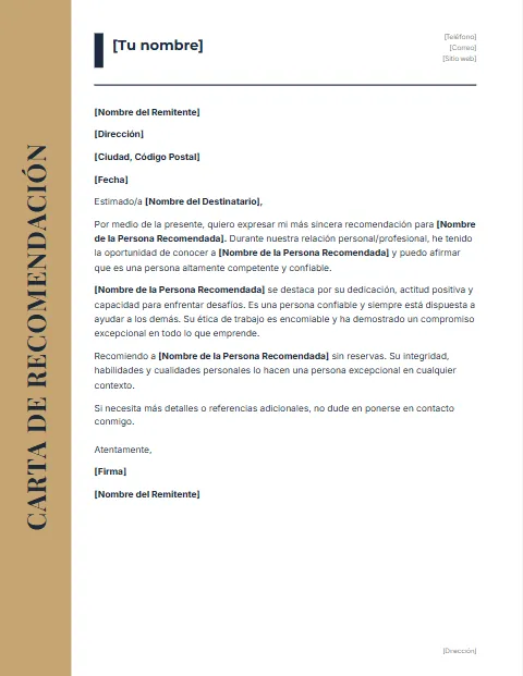 Formato de carta de recomendación para descargar en Word