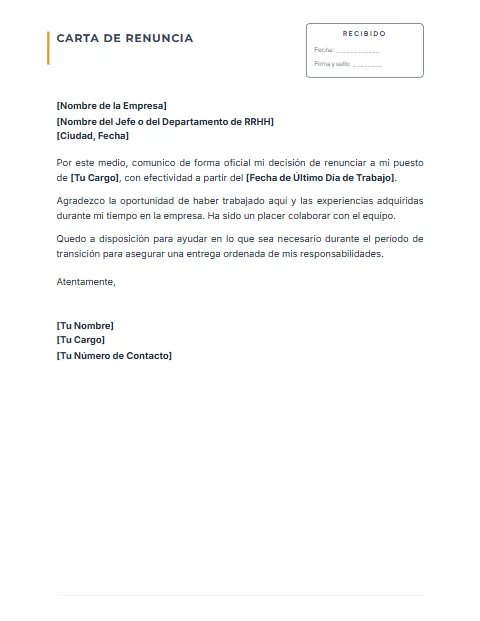 Formato de Carta de Renuncia: diseño Con acuse