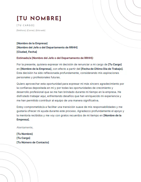 Carta de Renuncia con Agradecimiento: diseño Arcos