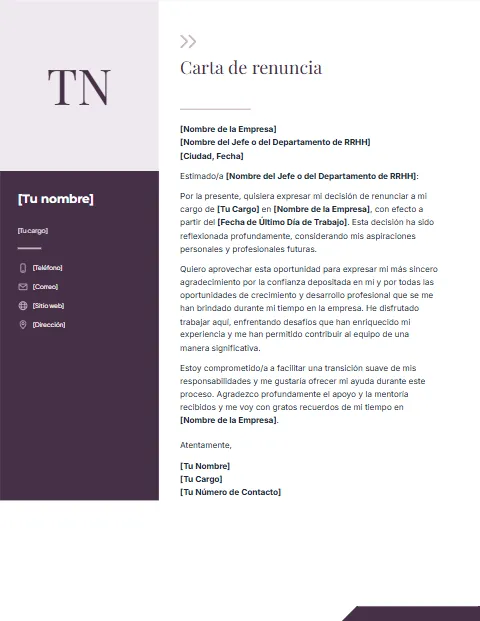 Carta de Renuncia con Agradecimiento: diseño Columna con foto