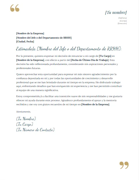 Carta de Renuncia con Agradecimiento: diseño Comillas