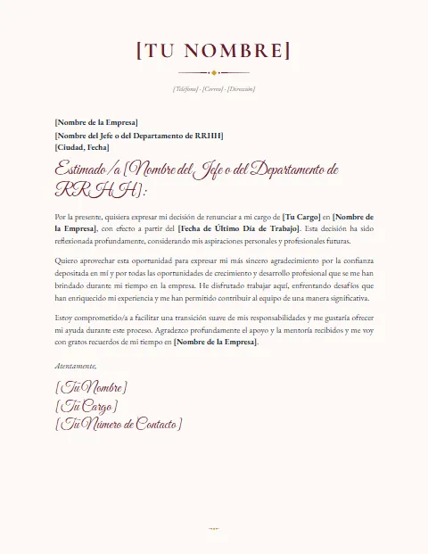 Carta de Renuncia con Agradecimiento: diseño Elegante
