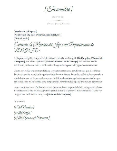 Formato de carta de renuncia con agradecimiento para descargar en Word