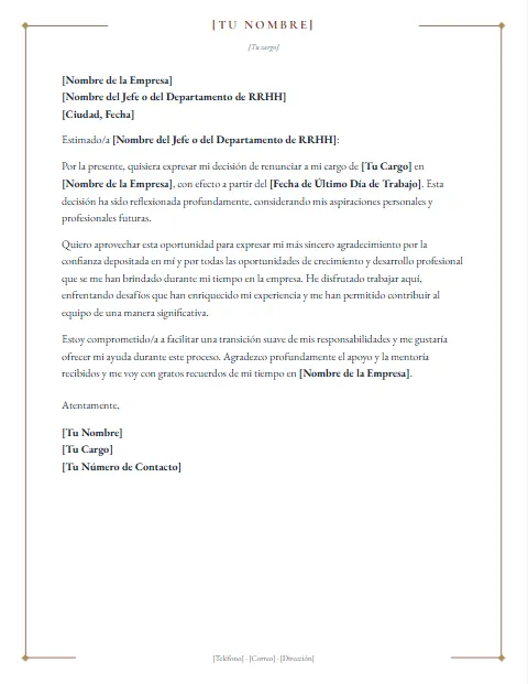 Carta de Renuncia con Agradecimiento: diseño Marco fino