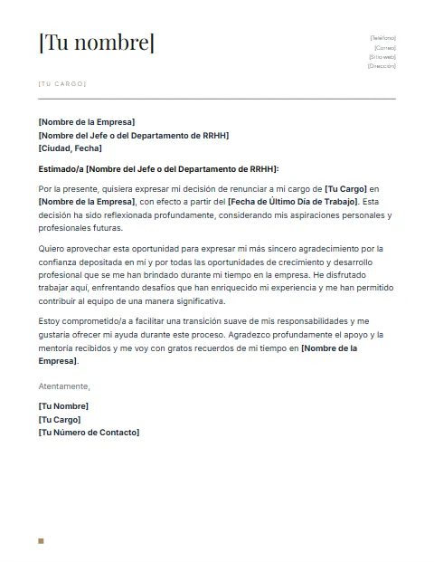 Carta de Renuncia con Agradecimiento: diseño Nombre grande