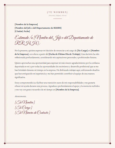 Carta de Renuncia con Agradecimiento: diseño Papel crema