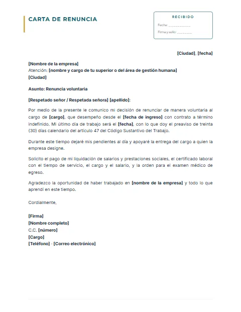 Carta de Renuncia en Colombia: diseño Con acuse