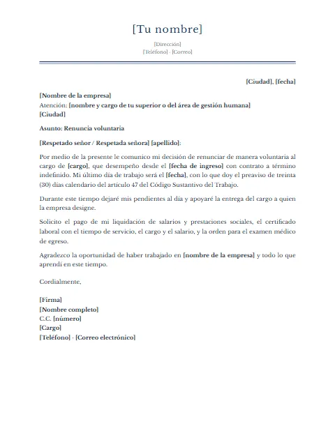 Carta de Renuncia en Colombia: diseño Clásico