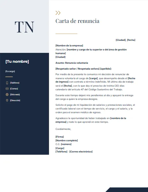 Carta de Renuncia en Colombia: diseño Columna con foto
