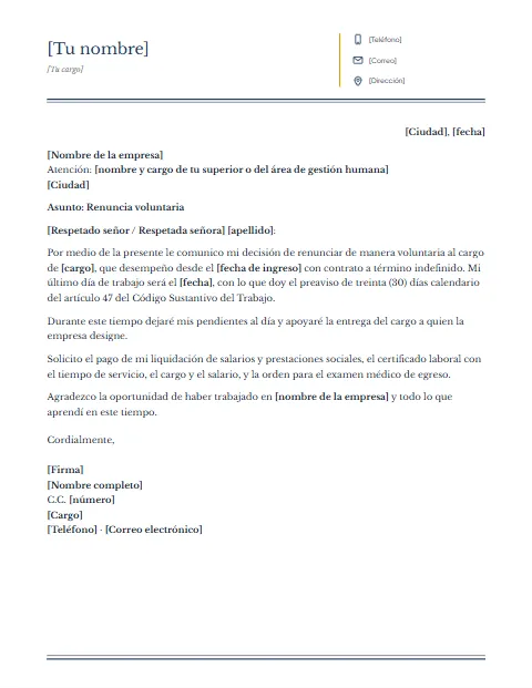 Carta de Renuncia en Colombia: diseño Columnas