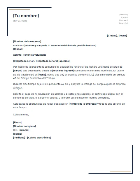 Carta de Renuncia en Colombia: diseño Escuadras