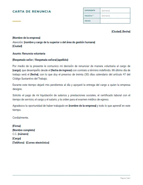 Formato de carta de renuncia en Colombia para descargar en Word