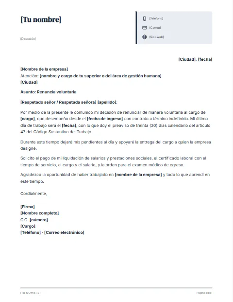 Carta de Renuncia en Colombia: diseño Ficha de datos
