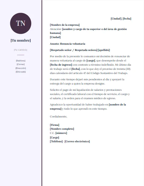Carta de Renuncia en Colombia: diseño Lateral