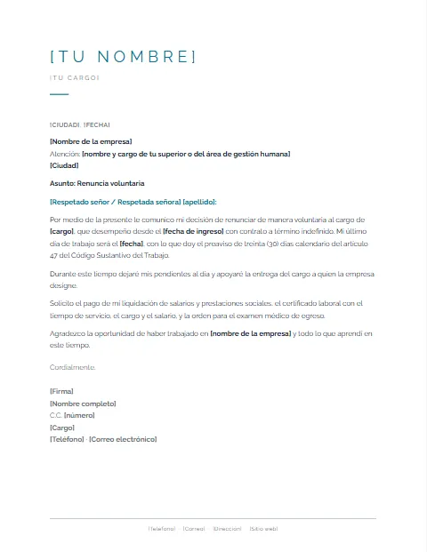 Carta de Renuncia en Colombia: diseño Minimalista